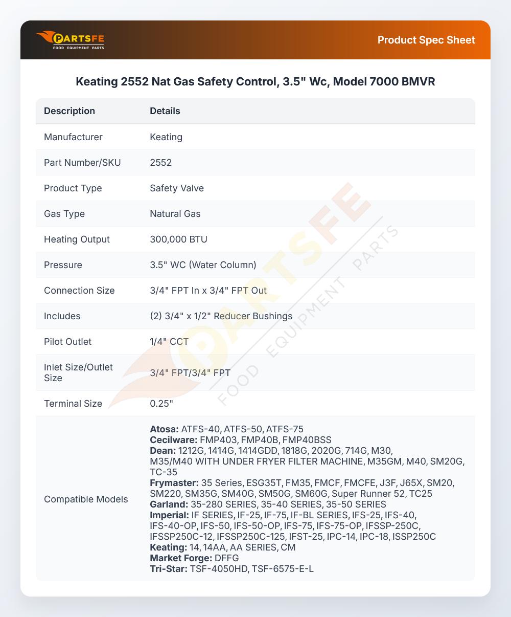 Keating 2552 Natural Gas Safety Control Valve 3.5" WC Model 7000BMVR