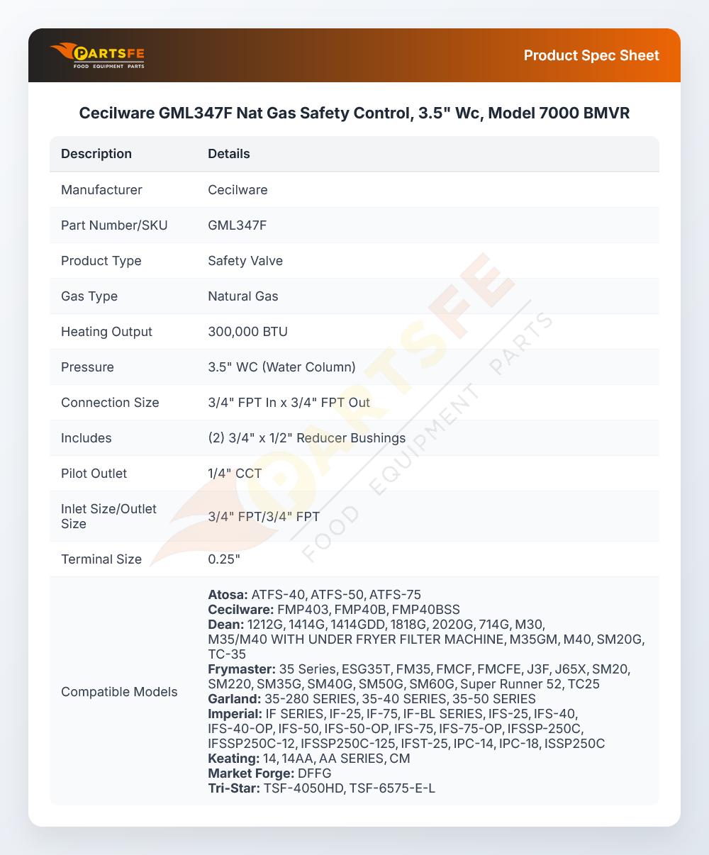 Cecilware GML347F Natural Gas Safety Control 3.5" WC Model 7000BMVR
