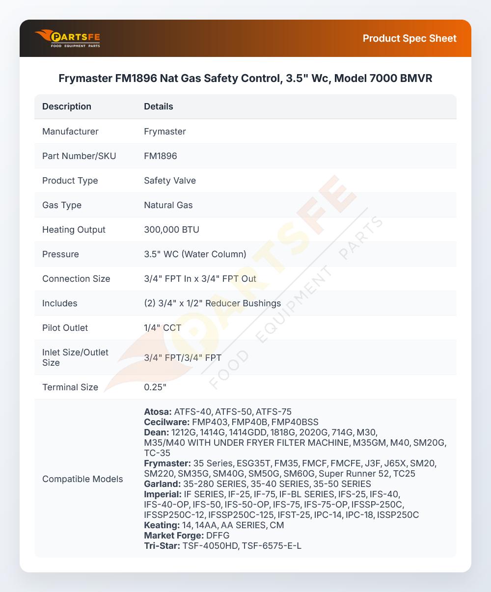 Frymaster FM1896 Natural Gas Safety Control Valve 3.5" WC Model 7000BMVR