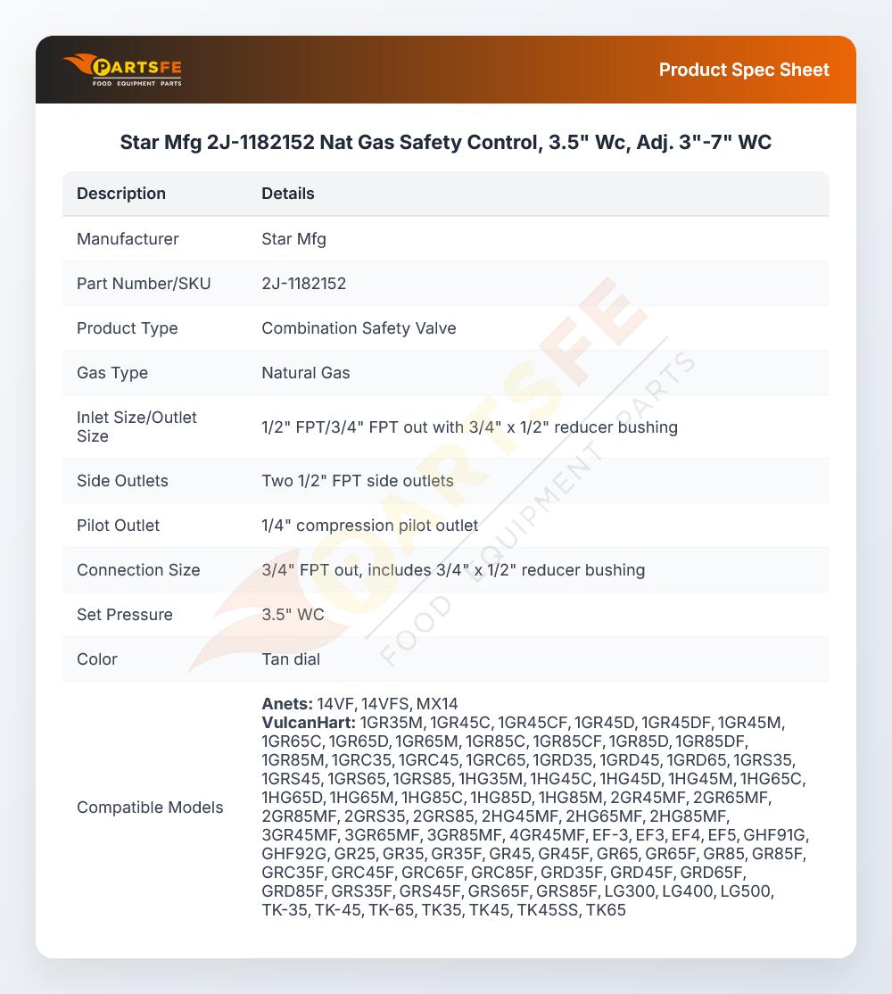 Star Mfg 2J-1182152 Natural Gas Safety Control 3.5"WC ADJ 3"-7"WC