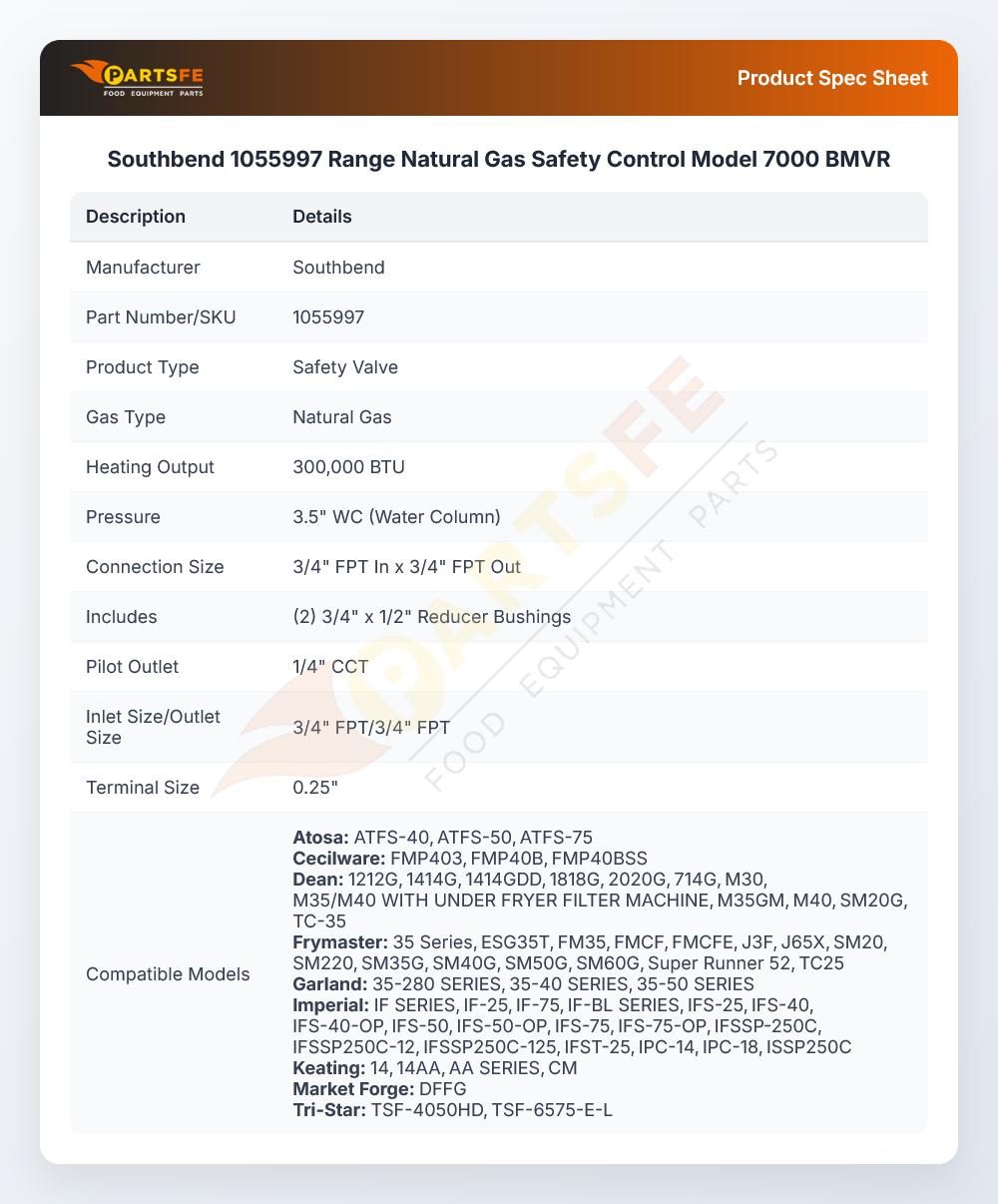 Southbend 1055997 Range Natural Gas Safety Control Model 7000 BMVR